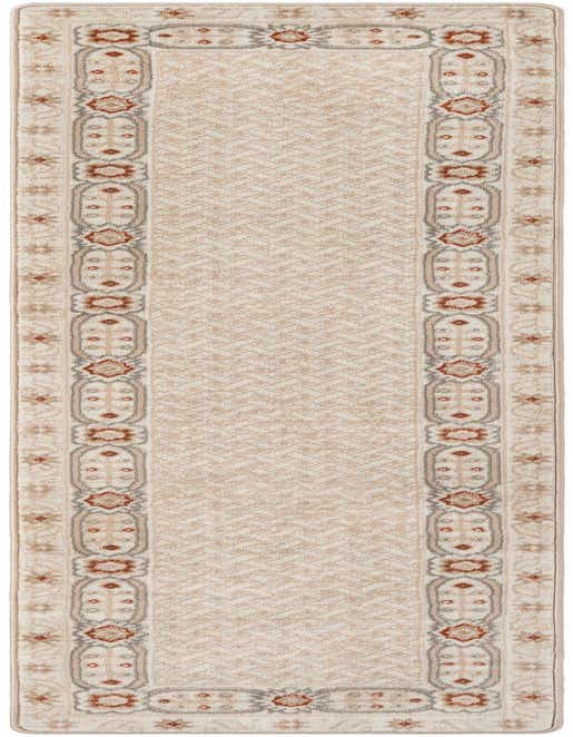 An 8 ft runner rug in ivory and cream with a modern pattern and a decorative border, ideal for a hallway.