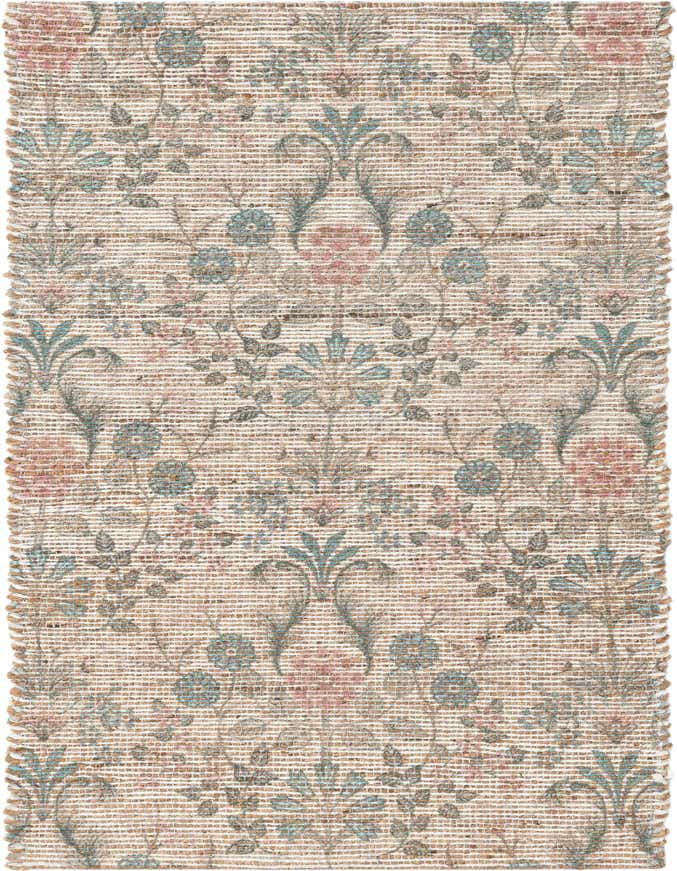 A 6 ft runner rug from the Chenille Jute collection, featuring a modern floral pattern in ivory, cream, and subtle blue and pink tones, perfect for a hallway.