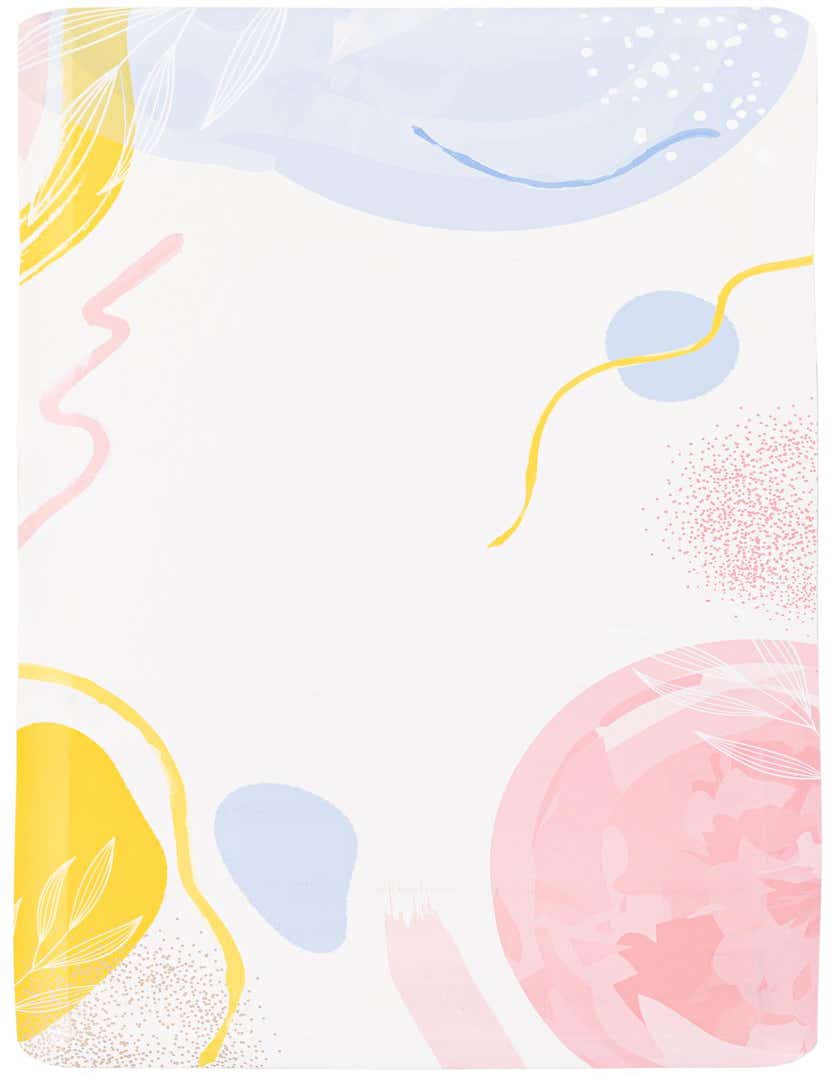 A 5 ft runner rug with a modern abstract pattern in ivory, cream, light blue, pink, and yellow.