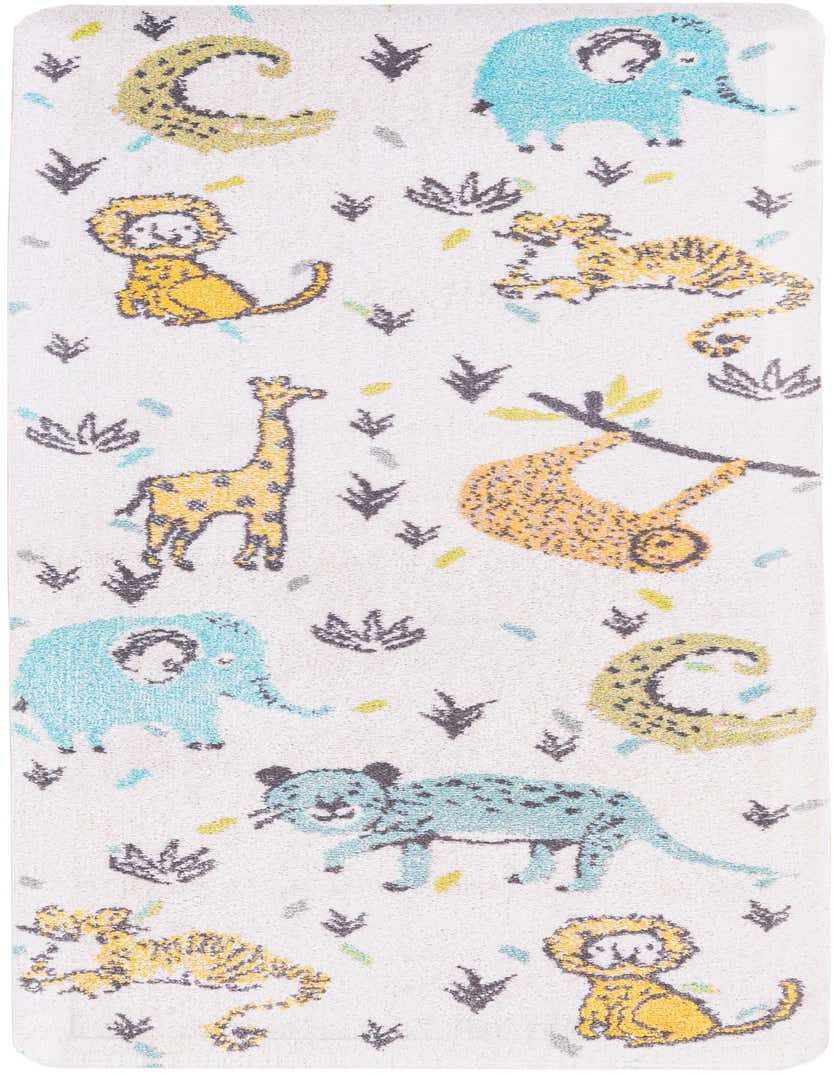 A white runner rug with a playful modern safari animal pattern, featuring blue elephants, yellow lions, tigers, giraffes, leopards, and sloths, perfect for a child's hallway.
