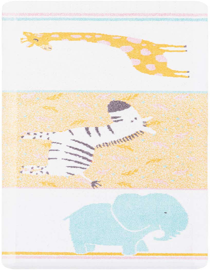 A 5 ft runner rug with a modern design featuring a yellow giraffe, a white zebra, and a light blue elephant on an ivory background.