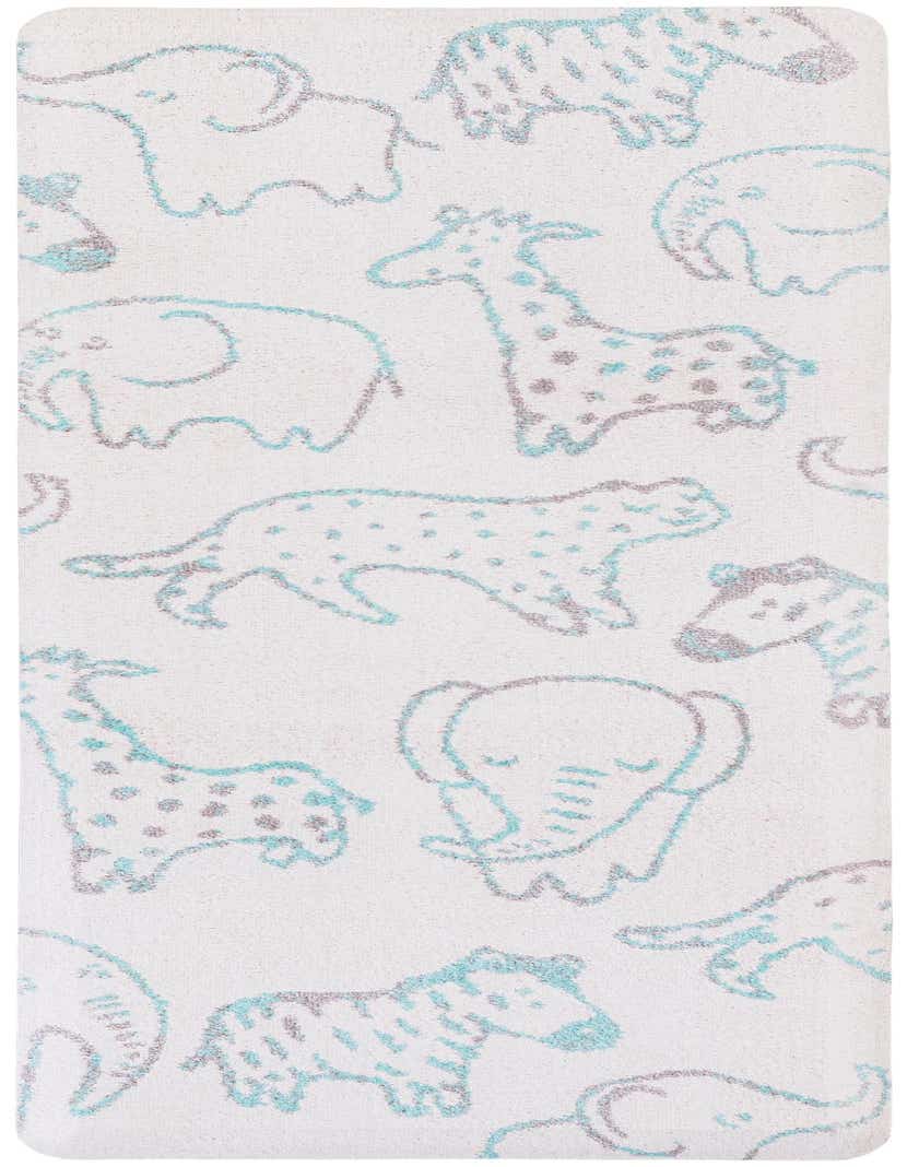 Ivory runner rug with a playful modern pattern of blue and grey outlined safari animals like elephants, giraffes, and zebras.