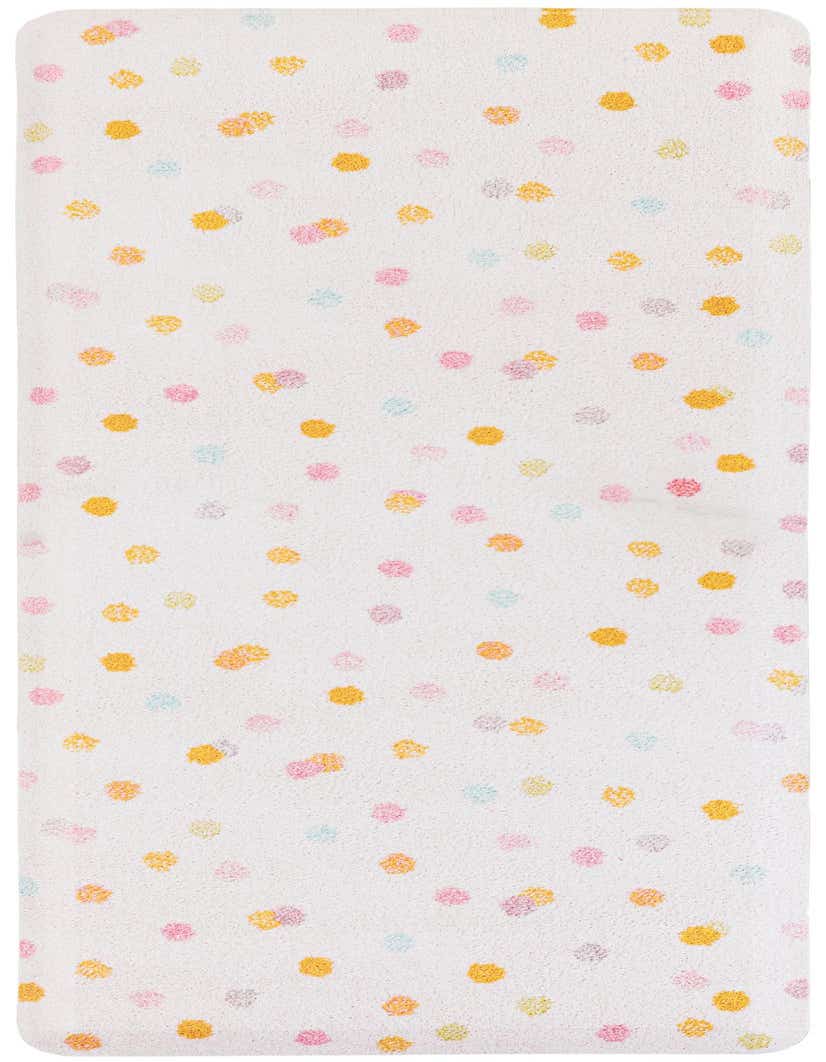 A 5 ft runner rug with a white background and scattered colorful polka dots in pink, yellow, and light blue, suitable for a hallway.