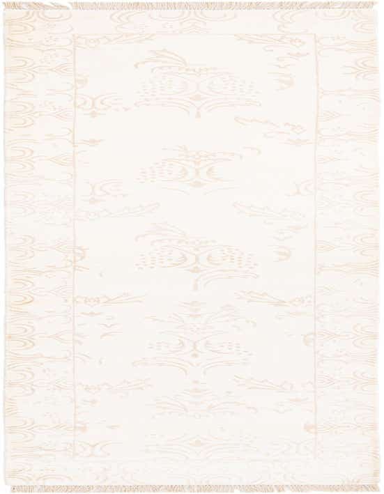 A 10 ft Darya runner rug in ivory and cream, featuring an elegant modern oriental pattern with a high pile and fringe.