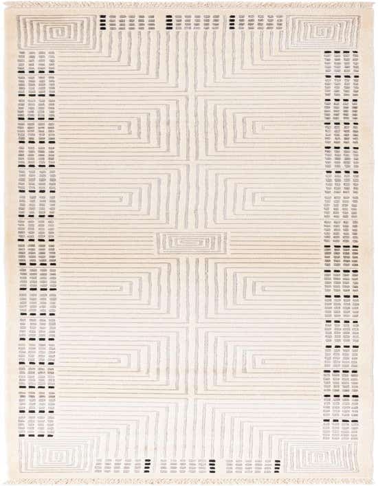 A 10 ft runner rug in ivory and cream with a modern geometric pattern and black accents, perfect for a hallway.