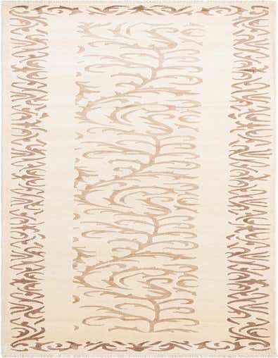 A 13 ft Darya runner rug in ivory and cream, featuring an elegant modern oriental vine pattern, ideal for a hallway.