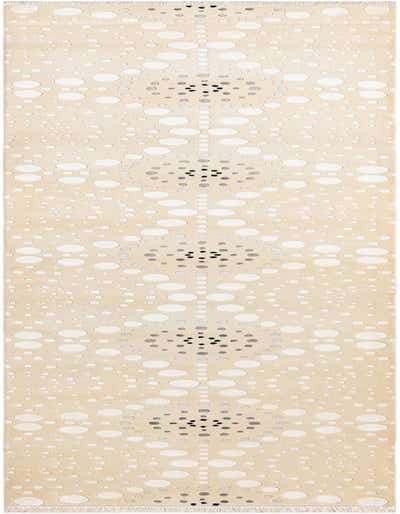 A 13 ft Darya runner rug in ivory and cream with a modern oriental pattern of varying white and gray circles.