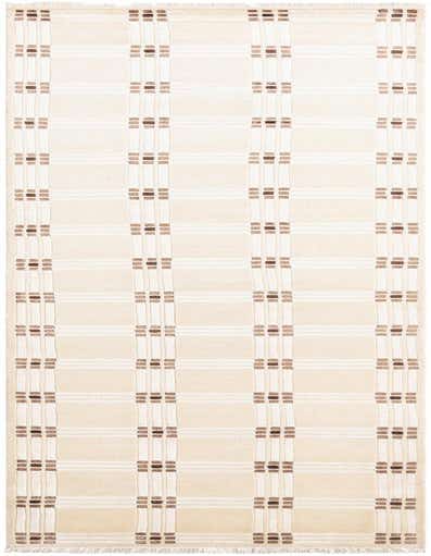 A 13 ft Darya runner rug in ivory and cream with a modern grid pattern and subtle brown accents, ideal for a hallway.