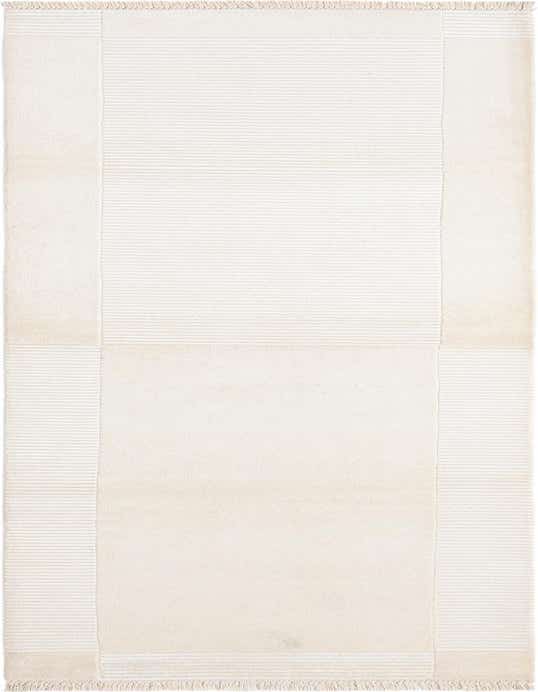 A 10 ft Darya runner rug in ivory and cream, featuring a modern striped pattern and fringe ends, ideal for a hallway.