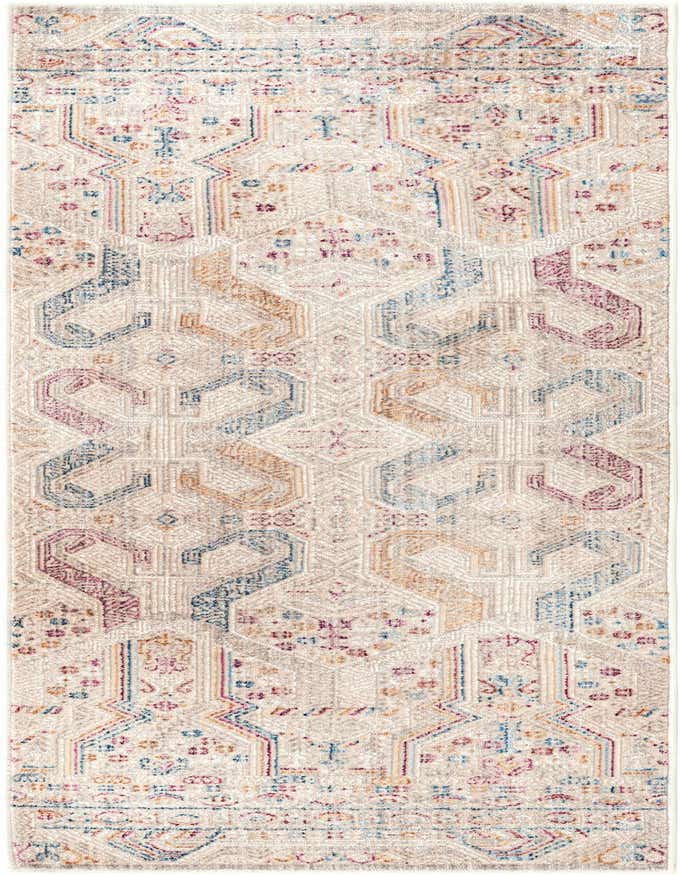 A 6 ft runner rug with a tribal, modern, and vintage pattern in ivory, cream, blue, and pink, perfect for a hallway.