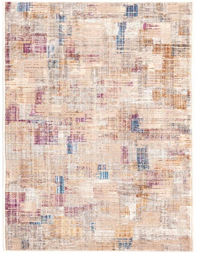 A 6 ft runner rug with an abstract industrial pattern in ivory, cream, white, purple, blue, and brown tones.