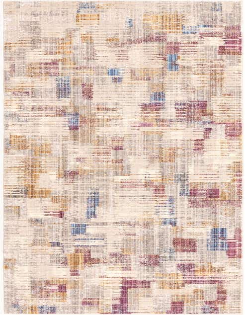An 8 ft runner rug with an abstract industrial pattern in ivory, cream, white, blue, gold, and purple tones.