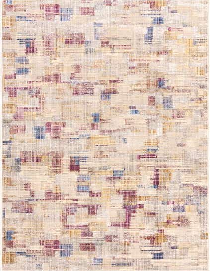 A 12 ft runner rug with an abstract industrial pattern in ivory, cream, blue, purple, and yellow tones, ideal for a hallway.