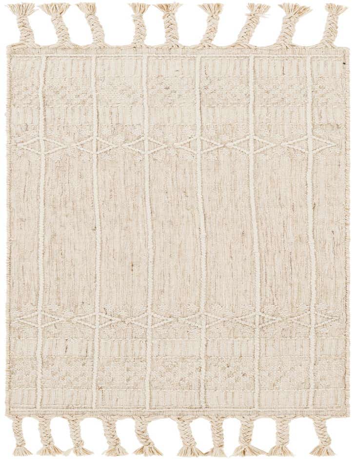 A 5 ft runner rug in ivory and cream with a textured bohemian stripe pattern and braided tassels, suitable for a hallway or patio.