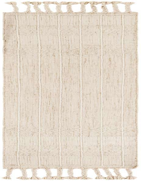 An 8 ft runner rug in ivory and cream with a modern bohemian stripe pattern and braided tassels.