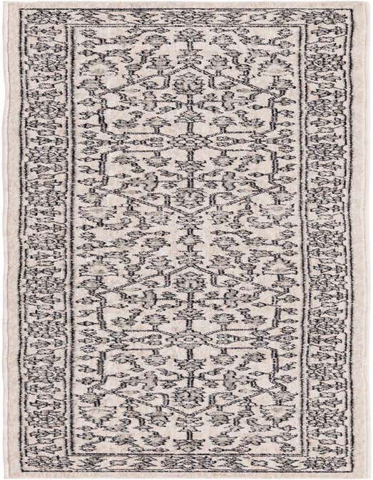 An 8 ft runner rug featuring an ivory background with a distressed black and gray traditional trellis pattern, ideal for a hallway or kitchen.