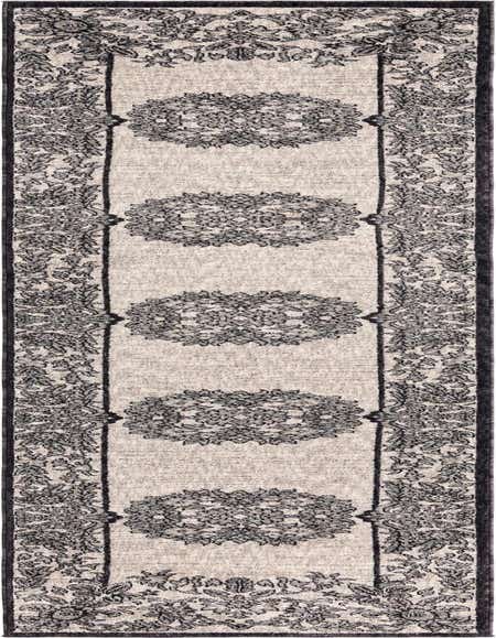 A 12 ft runner rug with an ivory and cream background, featuring a traditional black medallion and floral border pattern, ideal for a hallway.