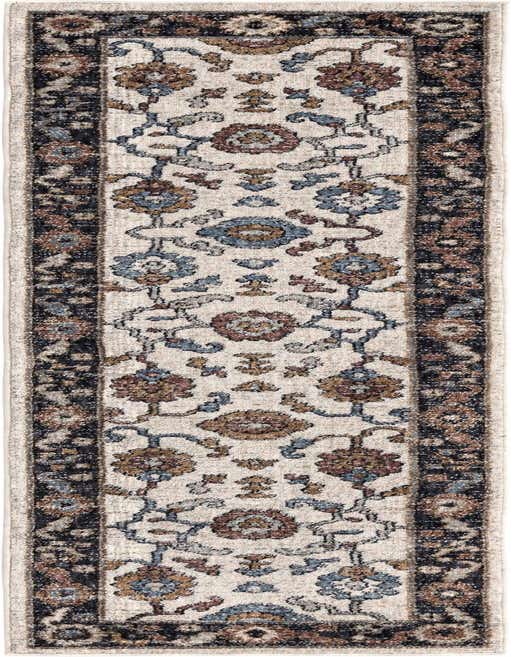 An 8 ft runner rug with an ivory background and a traditional floral pattern in blue, brown, and gold, framed by a dark border.