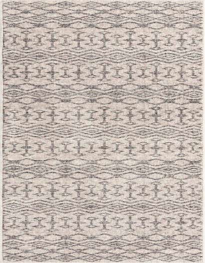 A 12 ft runner rug with an ivory and cream background featuring a modern trellis and geometric pattern in charcoal gray.
