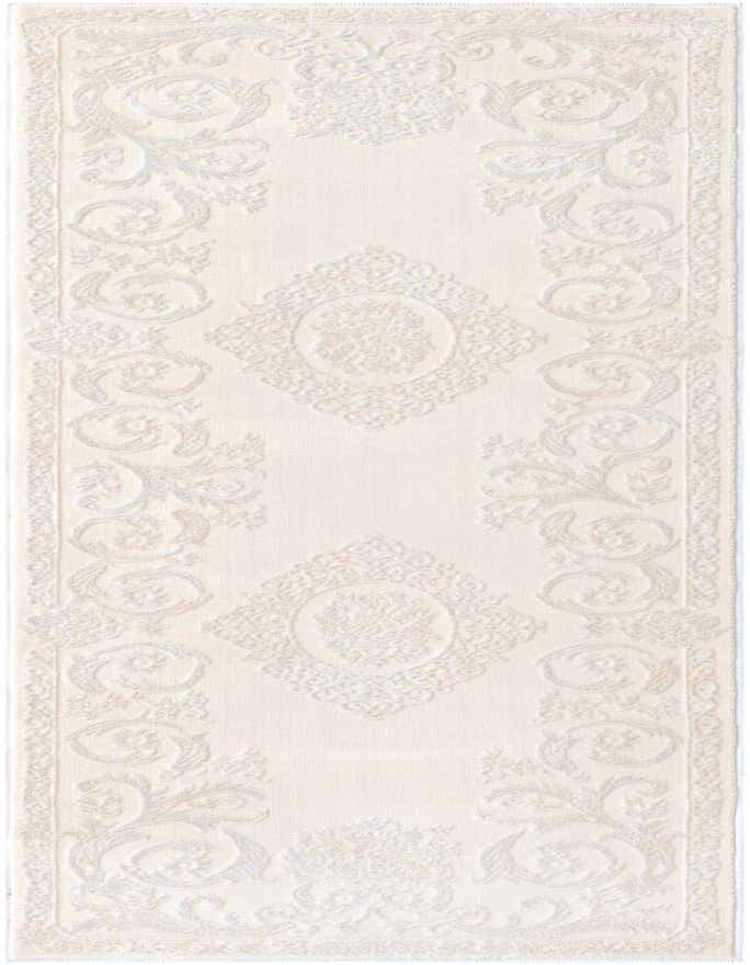 A 6 ft ivory runner rug with a raised traditional medallion and floral pattern, ideal for a hallway.