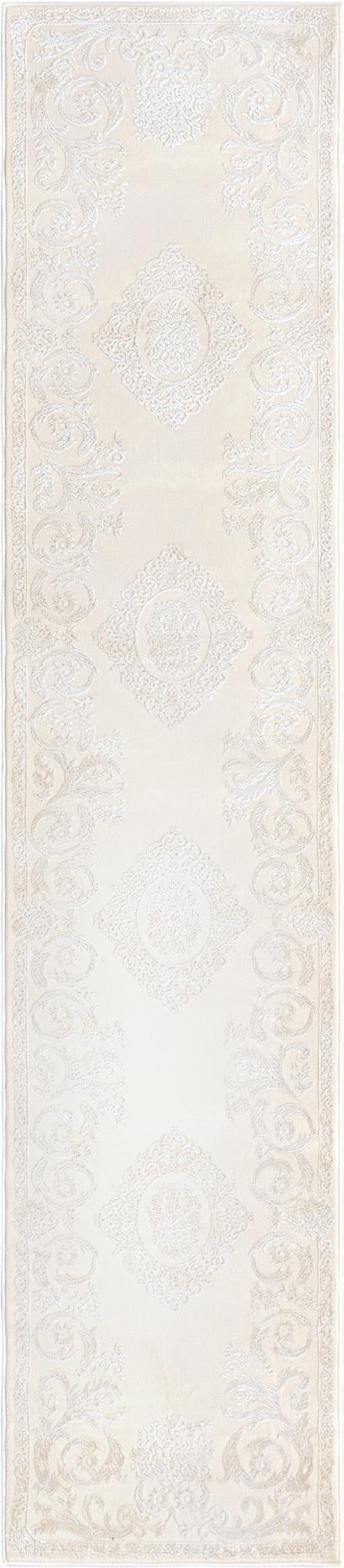 A 10 ft runner rug in ivory and cream with a textured traditional medallion pattern, ideal for a hallway.