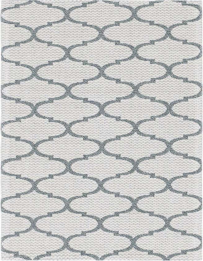 A 6 ft runner rug with an ivory and cream background featuring a repeating gray trellis pattern, perfect for a hallway.
