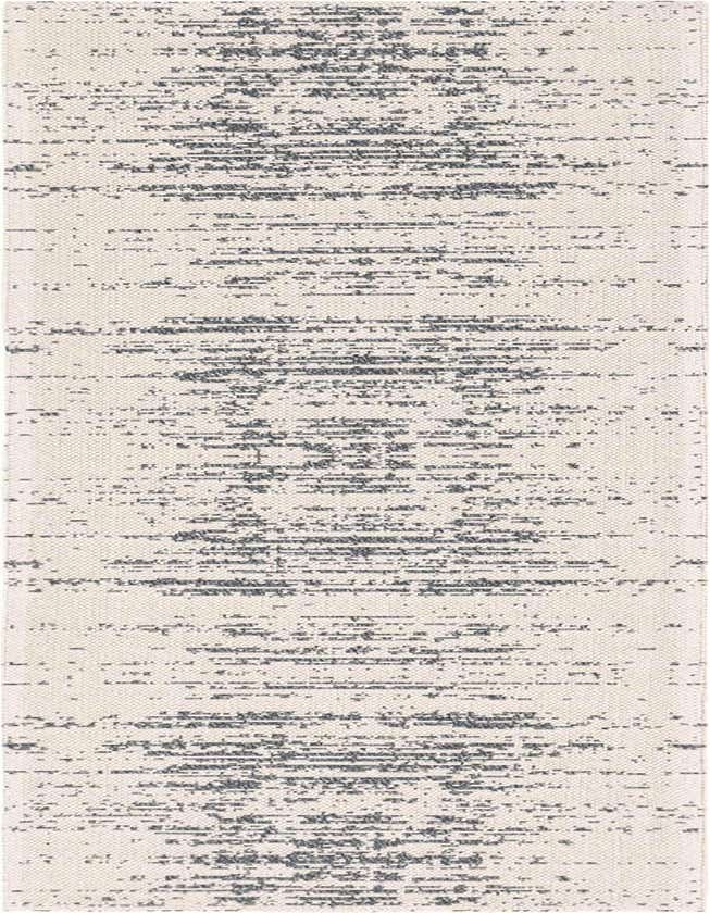 A 6 ft runner rug with an ivory and cream background featuring a distressed, horizontal stripe pattern in dark gray, perfect for a hallway or kitchen.