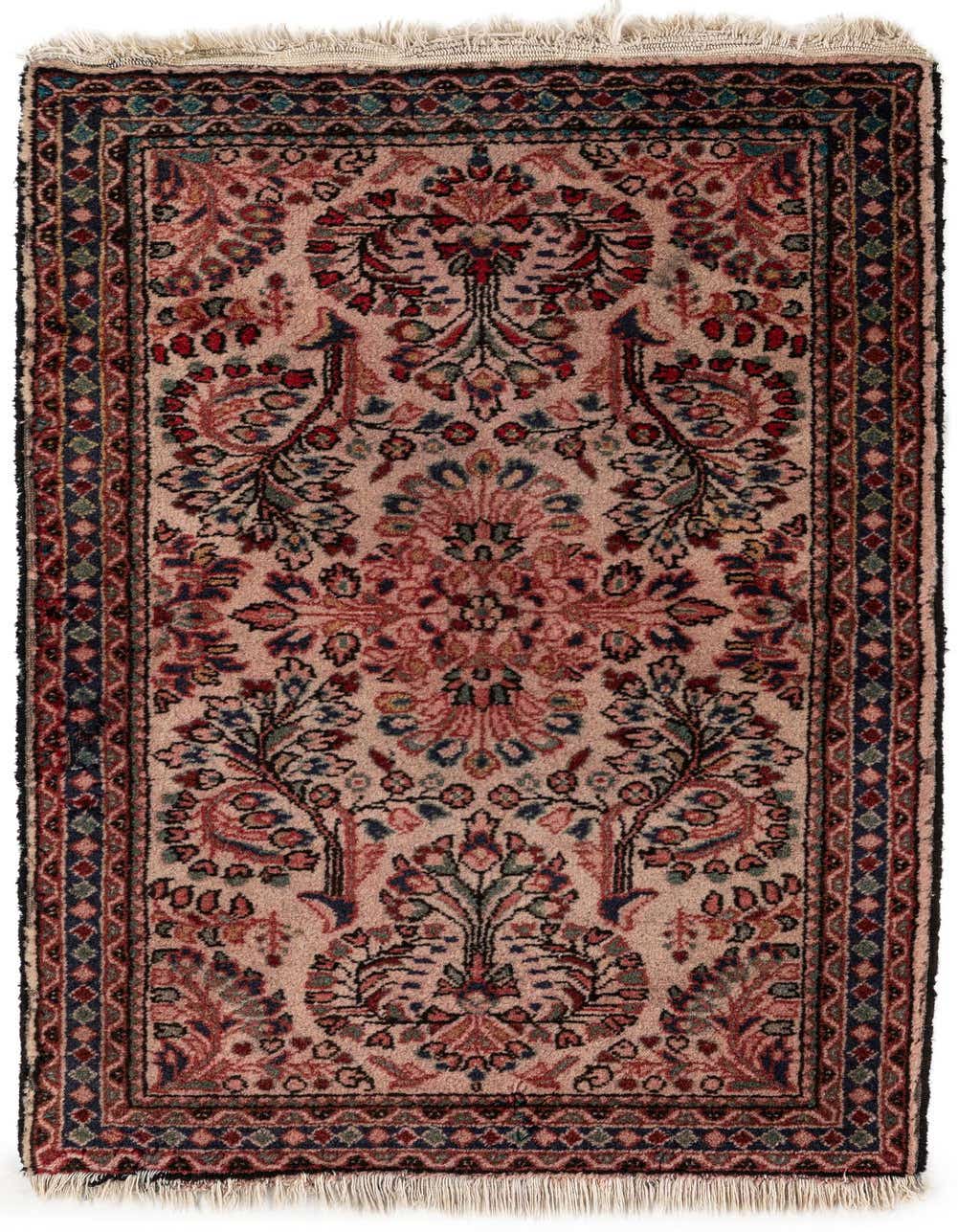 A 4 ft Hamedan runner rug in ivory and cream with a traditional floral and tribal pattern, featuring red, blue, and green accents.