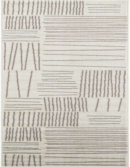 A 12 ft runner rug with an ivory and cream background featuring a modern abstract pattern of horizontal and vertical charcoal lines.