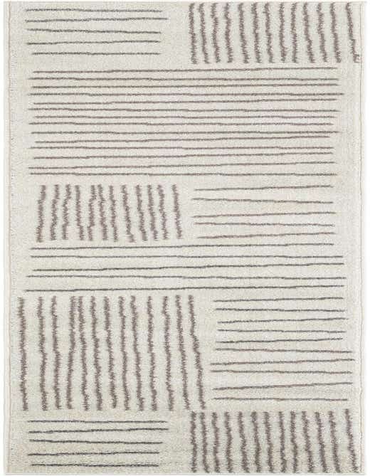 An 8 ft runner rug with a cream background and a modern abstract pattern of horizontal and vertical charcoal gray lines.