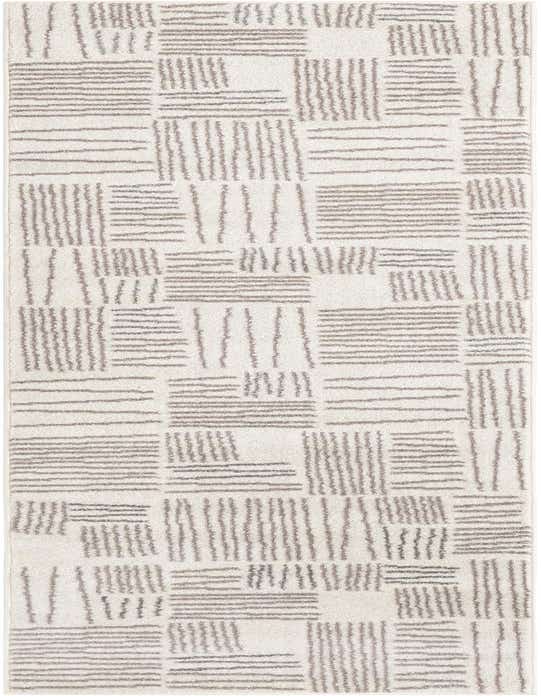 A 10 ft runner rug in ivory and cream with a modern abstract pattern of horizontal and vertical taupe dashes.
