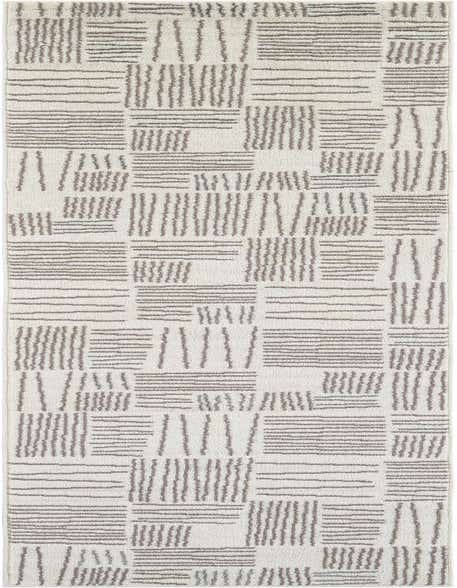A 12 ft ivory runner rug with a modern abstract pattern of short, textured gray lines arranged in horizontal and vertical blocks.