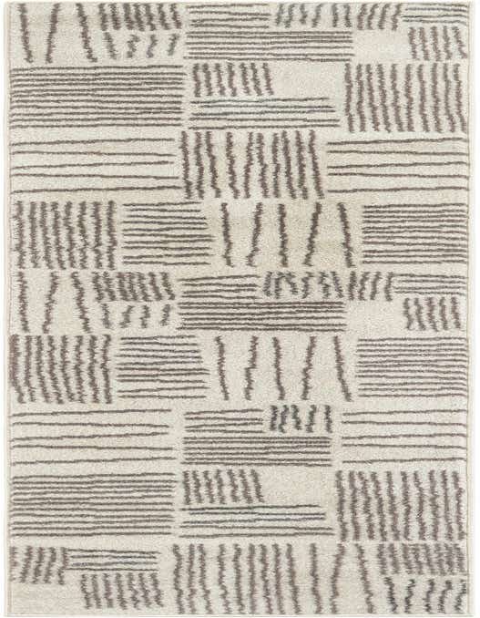 An 8 ft runner rug with a cream background and a modern abstract pattern of short, irregular gray horizontal and vertical lines, ideal for a hallway.