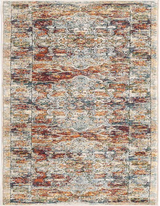 An 8 ft runner rug from the Isabella Collection, featuring a distressed traditional medallion pattern in ivories, creams, and whites with accents of rust, blue, and green.