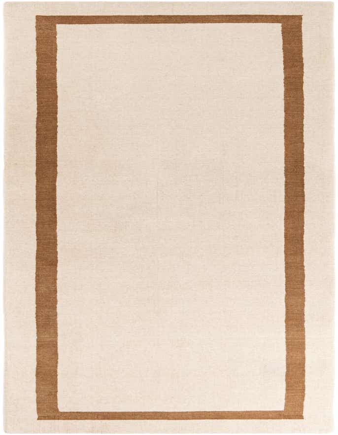 A 10 ft runner rug with an ivory field and a thick, modern brown border, perfect for a hallway.