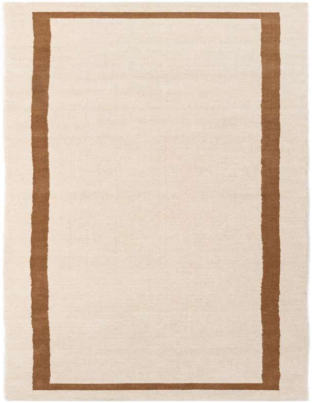 A 12 ft runner rug with an ivory field and a thick brown border, suitable for a hallway.