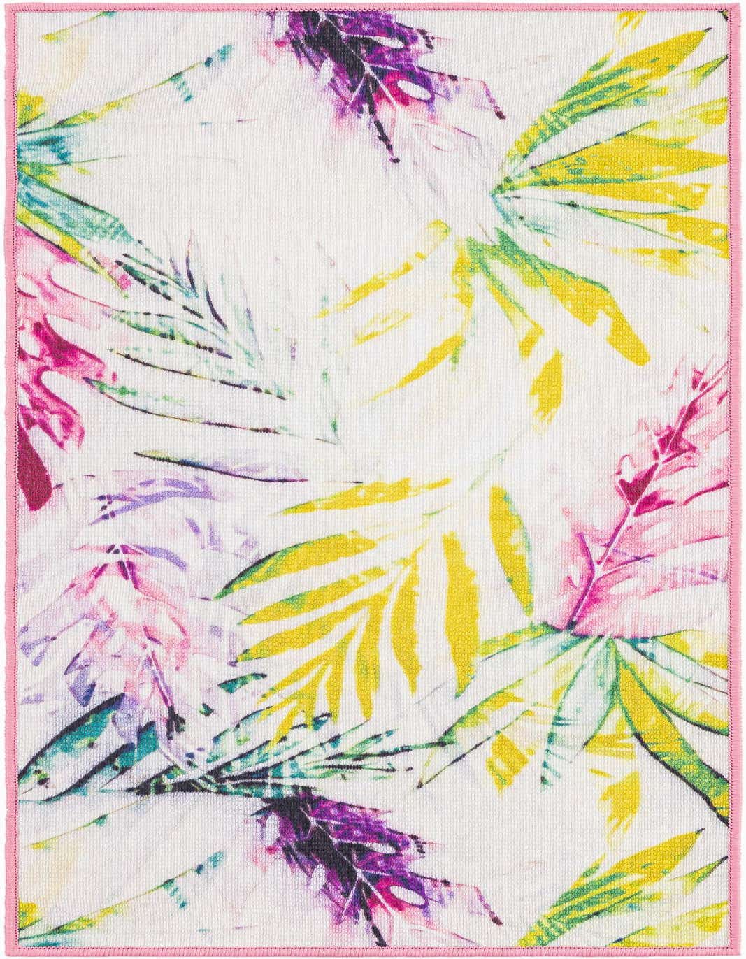 A 4 ft runner rug with a vibrant tropical leaf pattern in yellow, pink, purple, and green on an ivory background, framed by a pink border.