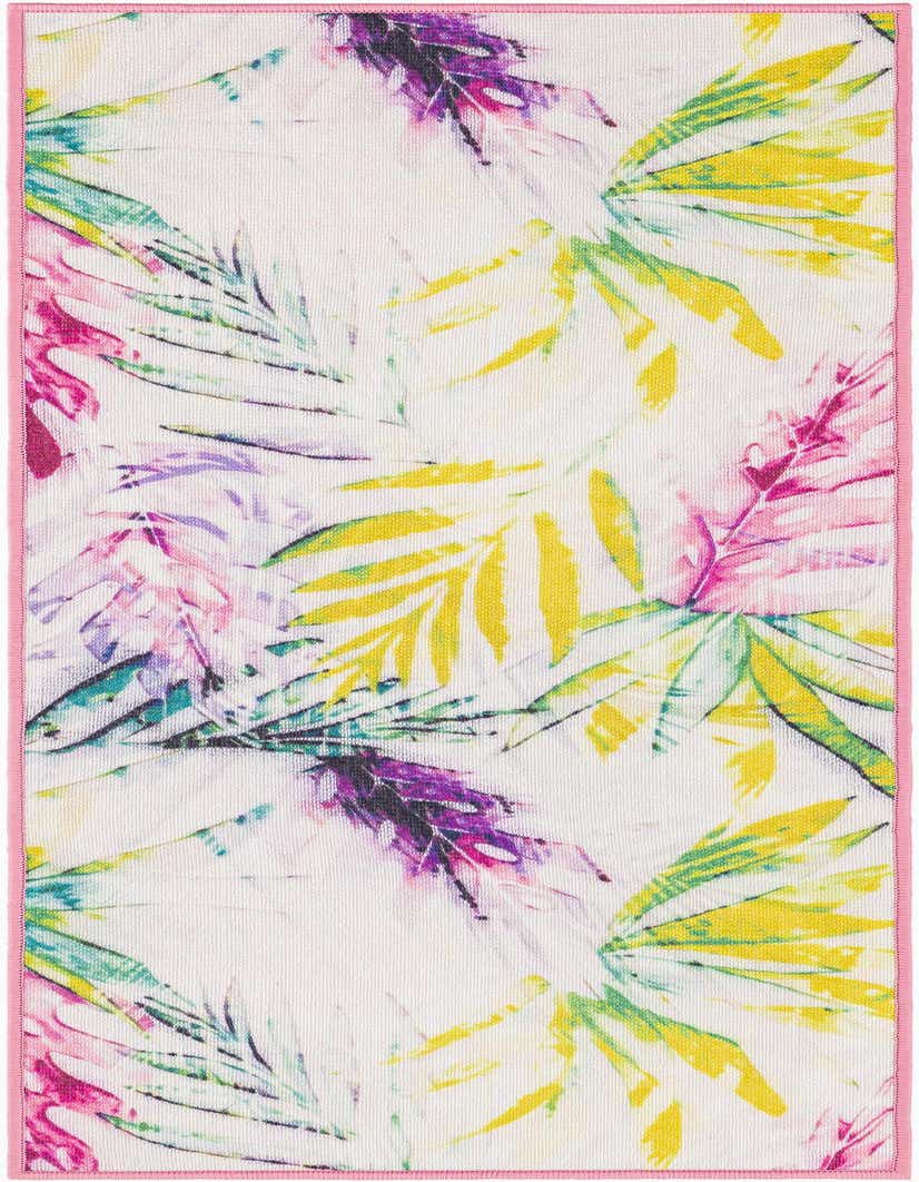 A 5 ft runner rug with a vibrant tropical leaf pattern in pink, yellow, purple, and teal on an ivory background, featuring a pink border.