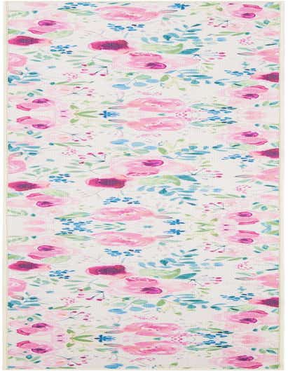 A 10 ft runner rug with a modern floral pattern in shades of pink, blue, and green on an ivory background, suitable for a hallway or patio.