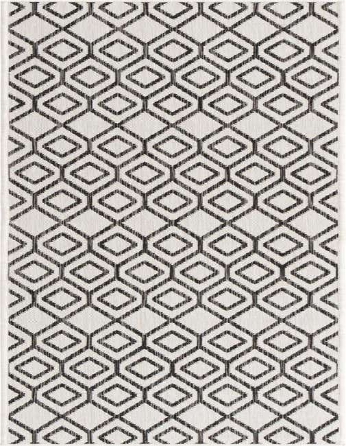 An 8 ft runner rug featuring a modern tribal trellis pattern in ivory and charcoal black, suitable for hallways or patios.