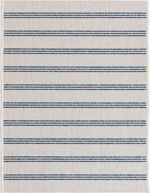 An 8 ft runner rug from the Jill Zarin Outdoor collection, featuring a textured ivory and cream background with horizontal navy blue stripes, perfect for a hallway or patio.