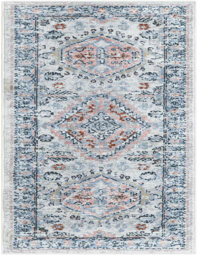 A 6 ft runner rug with a faded traditional medallion pattern in ivory, light blue, and muted coral, ideal for a hallway.