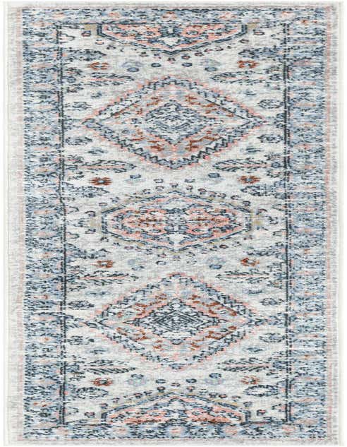 An 8 ft runner rug with a distressed traditional medallion pattern in ivory, light blue, and subtle peach tones, ideal for a hallway.