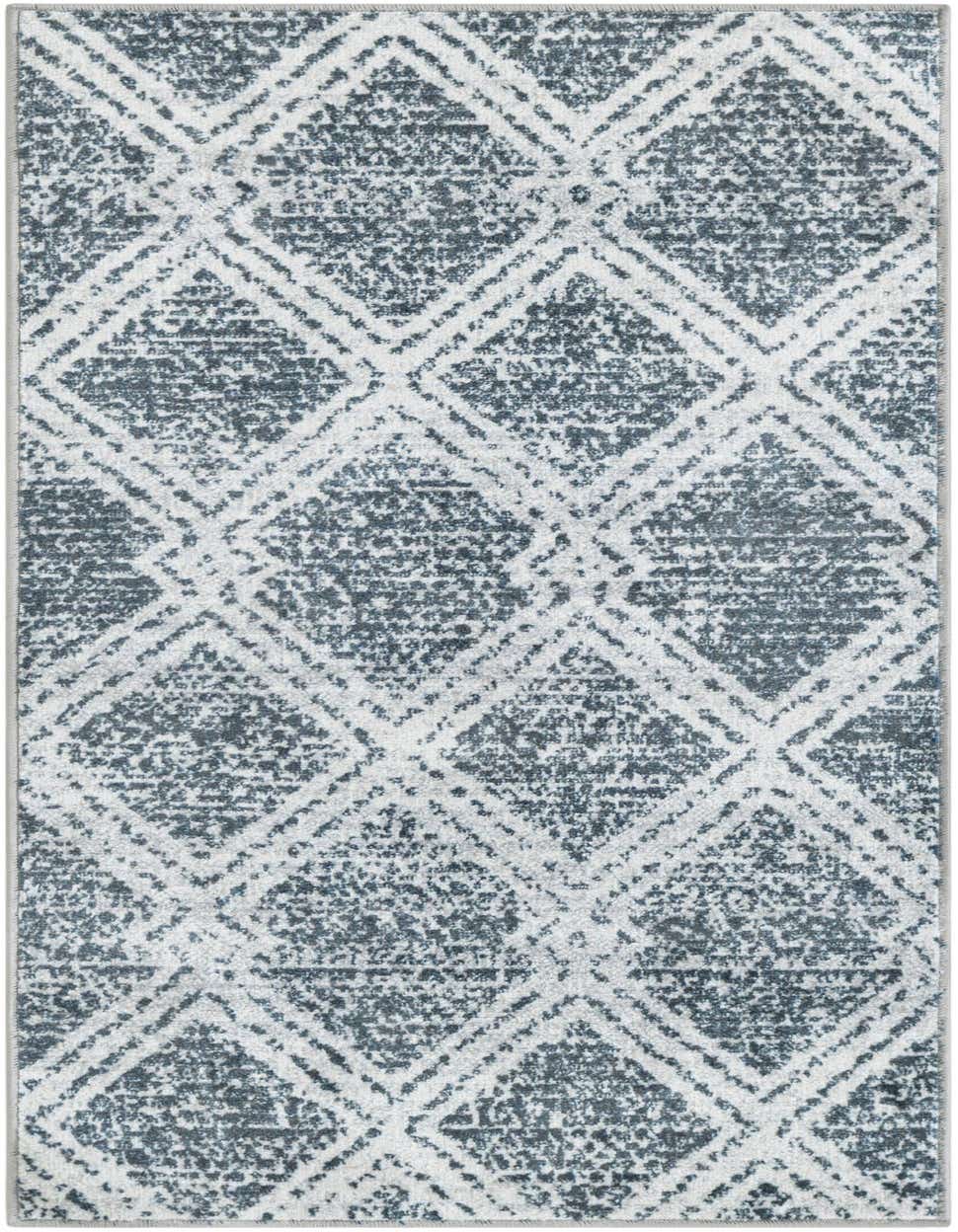 A 4 Ft runner rug with a modern geometric pattern in faded ivory and dark blue, perfect for a hallway.