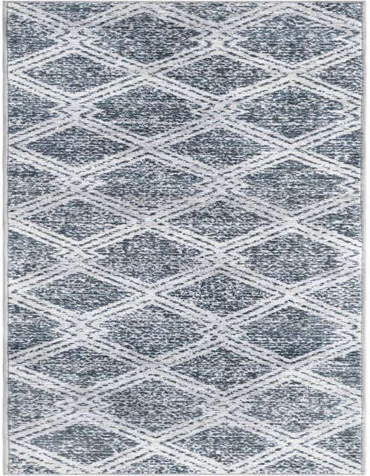 An 8 ft runner rug featuring a modern geometric diamond pattern in distressed ivory and dark blue tones, ideal for a hallway.