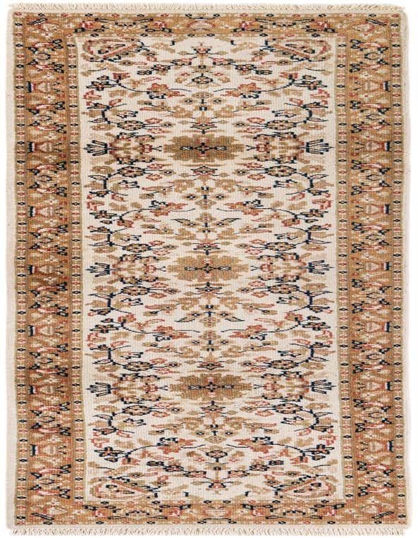 A 10 ft runner rug from the Kashan collection, featuring a traditional ivory and cream floral pattern with a brown border, perfect for a hallway.