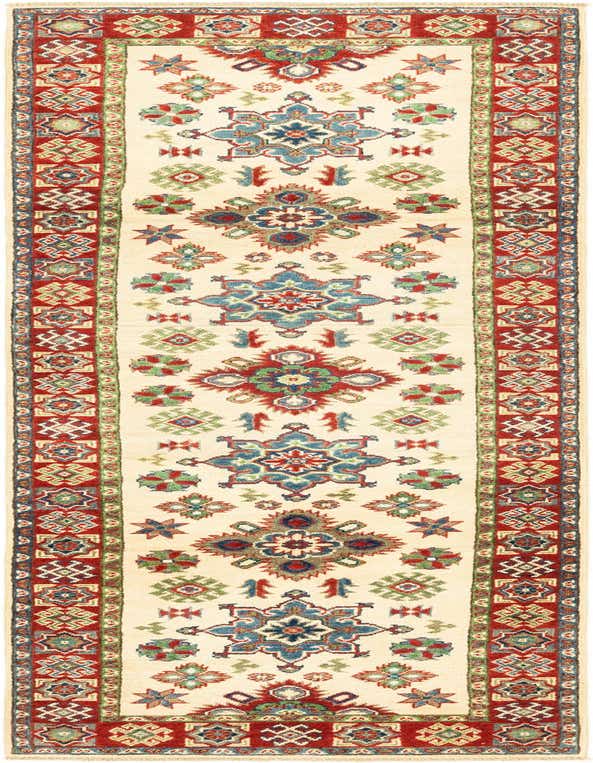 A 10 ft runner rug with an ivory center and traditional tribal patterns in red, blue, and green, perfect for a hallway.