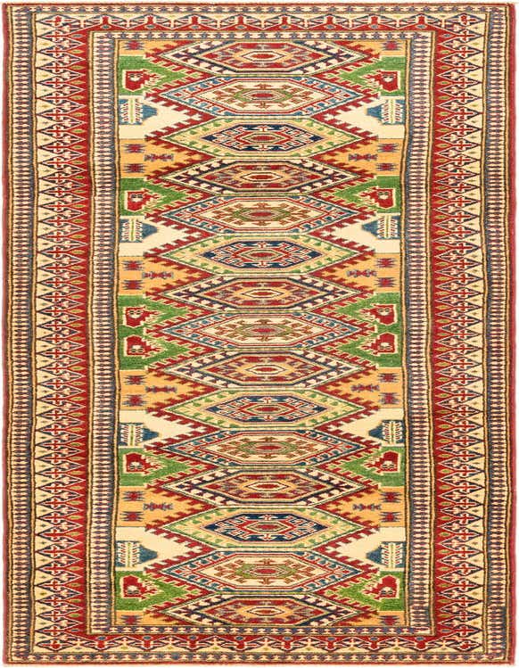 A 10 ft runner rug with a traditional tribal pattern in ivory, red, green, and blue, perfect for a hallway.