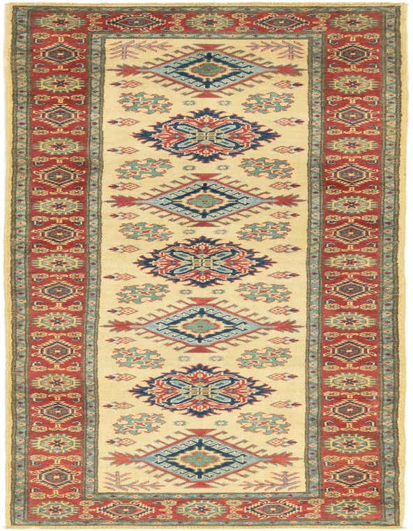 A 10 ft runner rug in ivory with a traditional tribal pattern in red, blue, and green, ideal for a hallway.