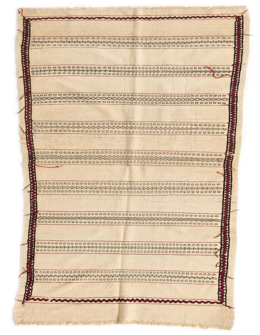 An 8 ft Kilim Fars wool runner rug in ivory and cream with tribal patterns, ideal for a hallway or kitchen.